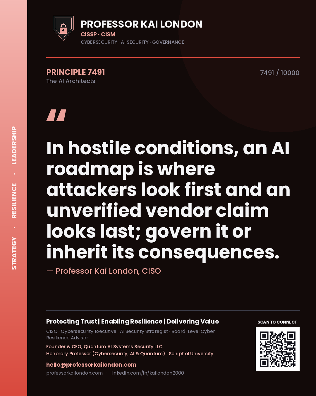 Quote card by Professor Kai London reading 'In hostile conditions, an AI roadmap is where attackers look first and an unverified vendor claim looks last; govern it or inherit its consequences.'. From the book The AI Architects.