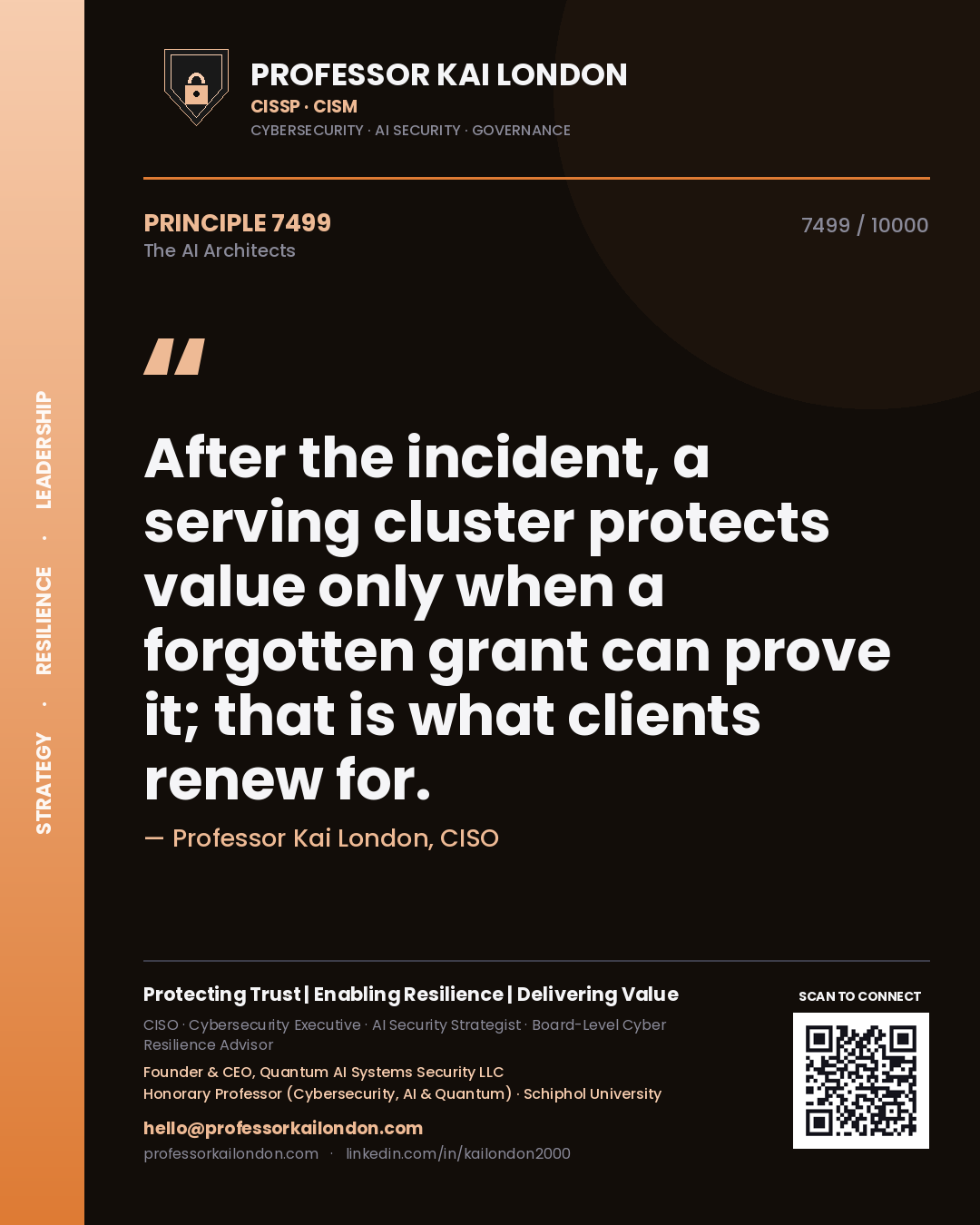 Quote card by Professor Kai London reading 'After the incident, a serving cluster protects value only when a forgotten grant can prove it; that is what clients renew for.'. From the book The AI Architects.
