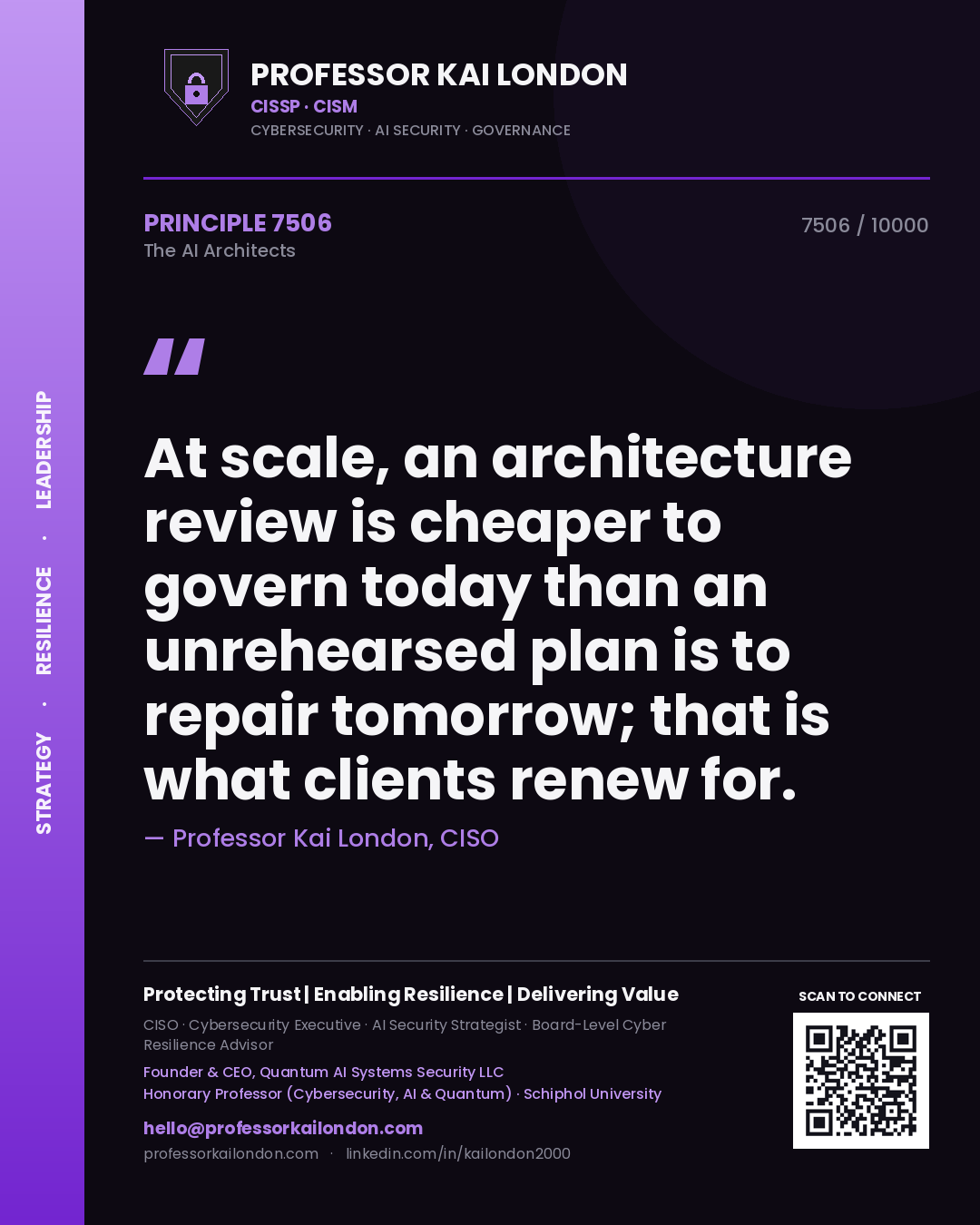 Quote card by Professor Kai London reading 'At scale, an architecture review is cheaper to govern today than an unrehearsed plan is to repair tomorrow; that is what clients renew for.'. From the book The AI Architects.