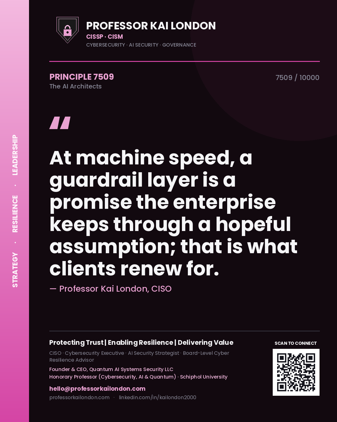 Professor Kai London principle 7509: At machine speed, a guardrail layer is a promise the enterprise keeps through a hopeful assumption; that is what clients renew for.