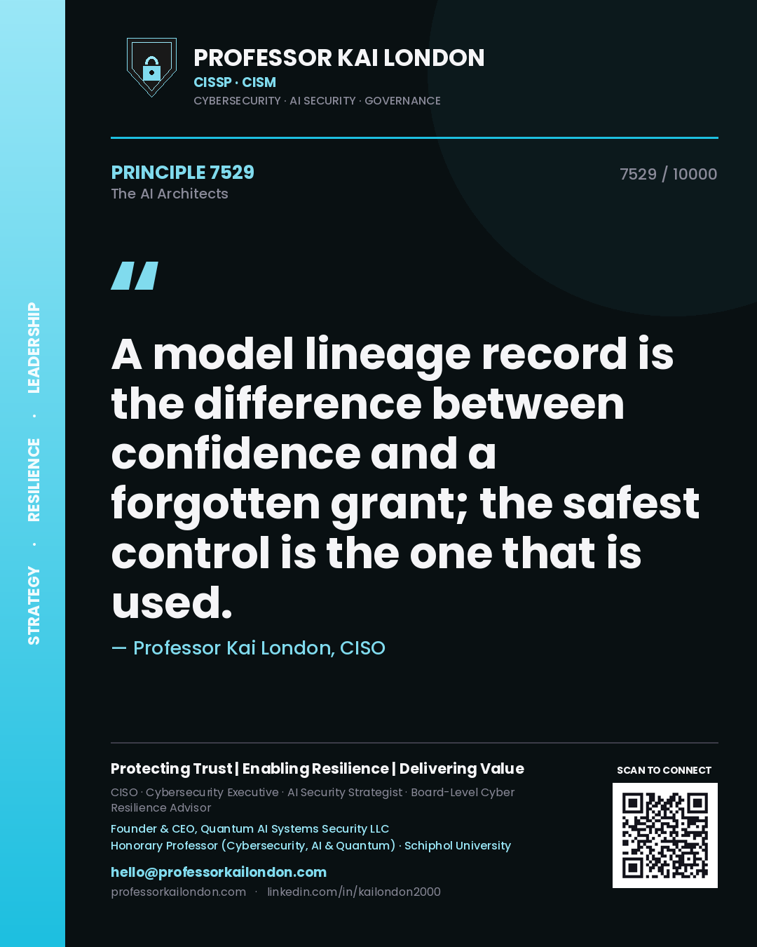 Quote card by Professor Kai London reading 'A model lineage record is the difference between confidence and a forgotten grant; the safest control is the one that is used.'. From the book The AI Architects.