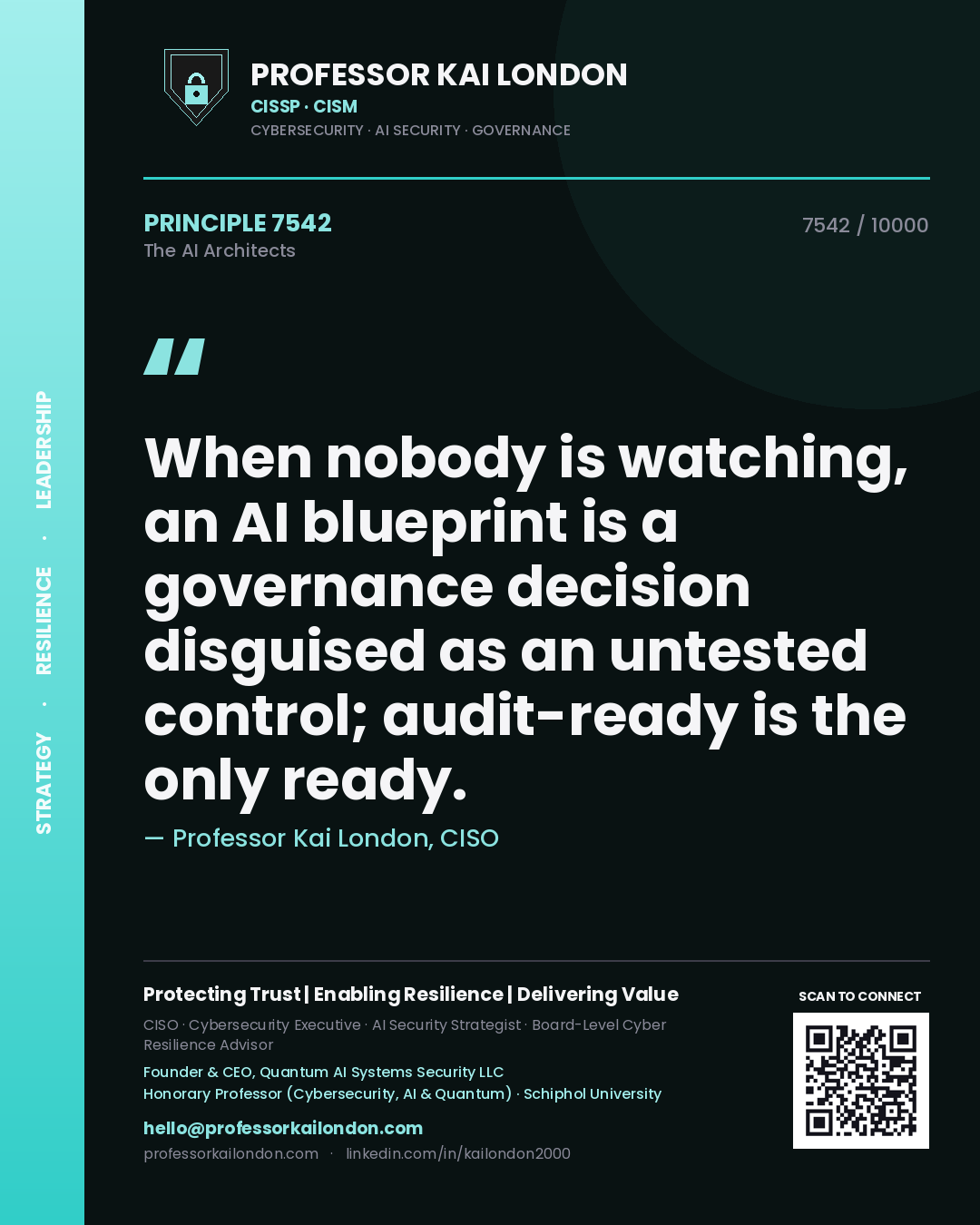 Quote card by Professor Kai London reading 'When nobody is watching, an AI blueprint is a governance decision disguised as an untested control; audit-ready is the only ready.'. From the book The AI Architects.