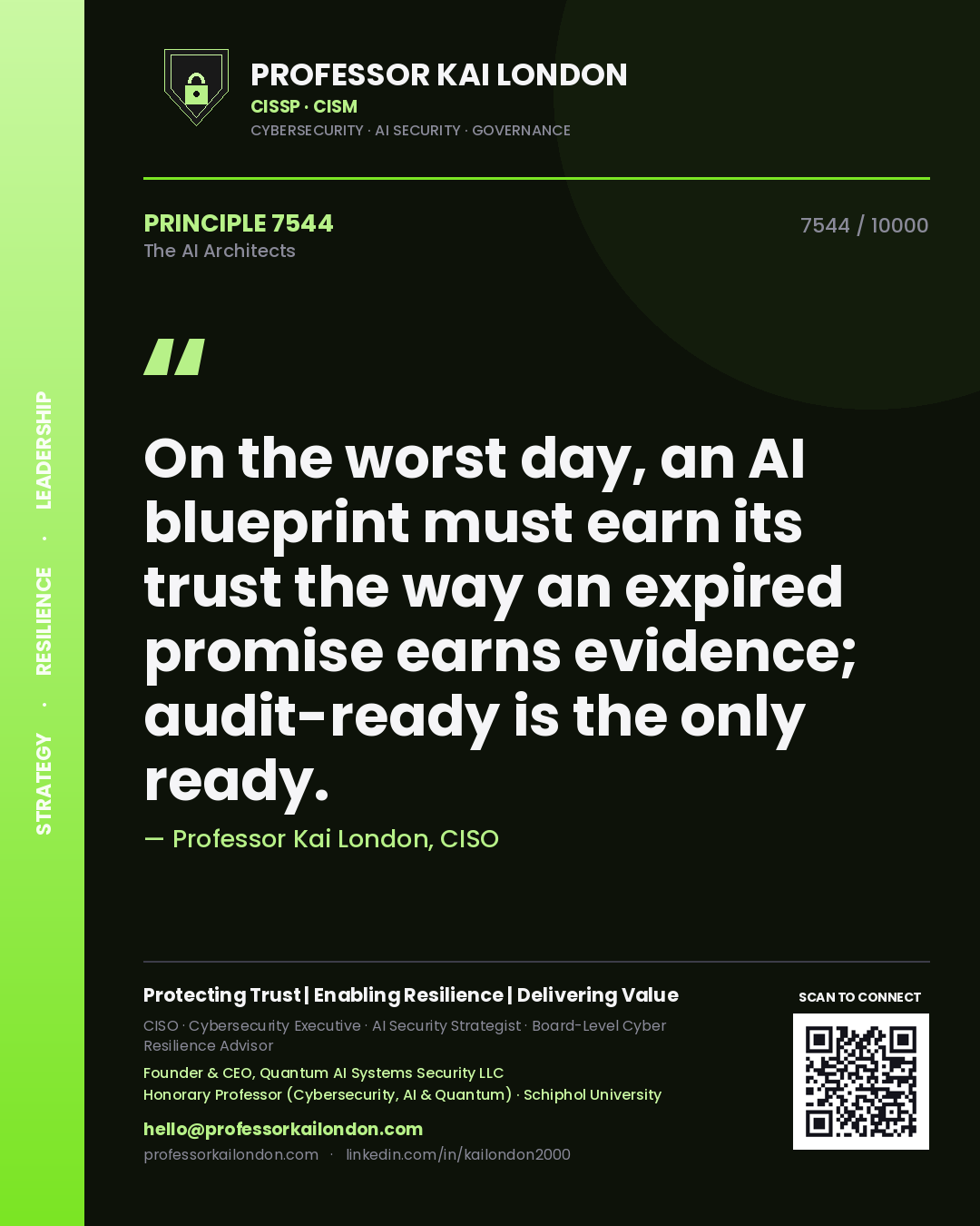 Quote card by Professor Kai London reading 'On the worst day, an AI blueprint must earn its trust the way an expired promise earns evidence; audit-ready is the only ready.'. From the book The AI Architects.