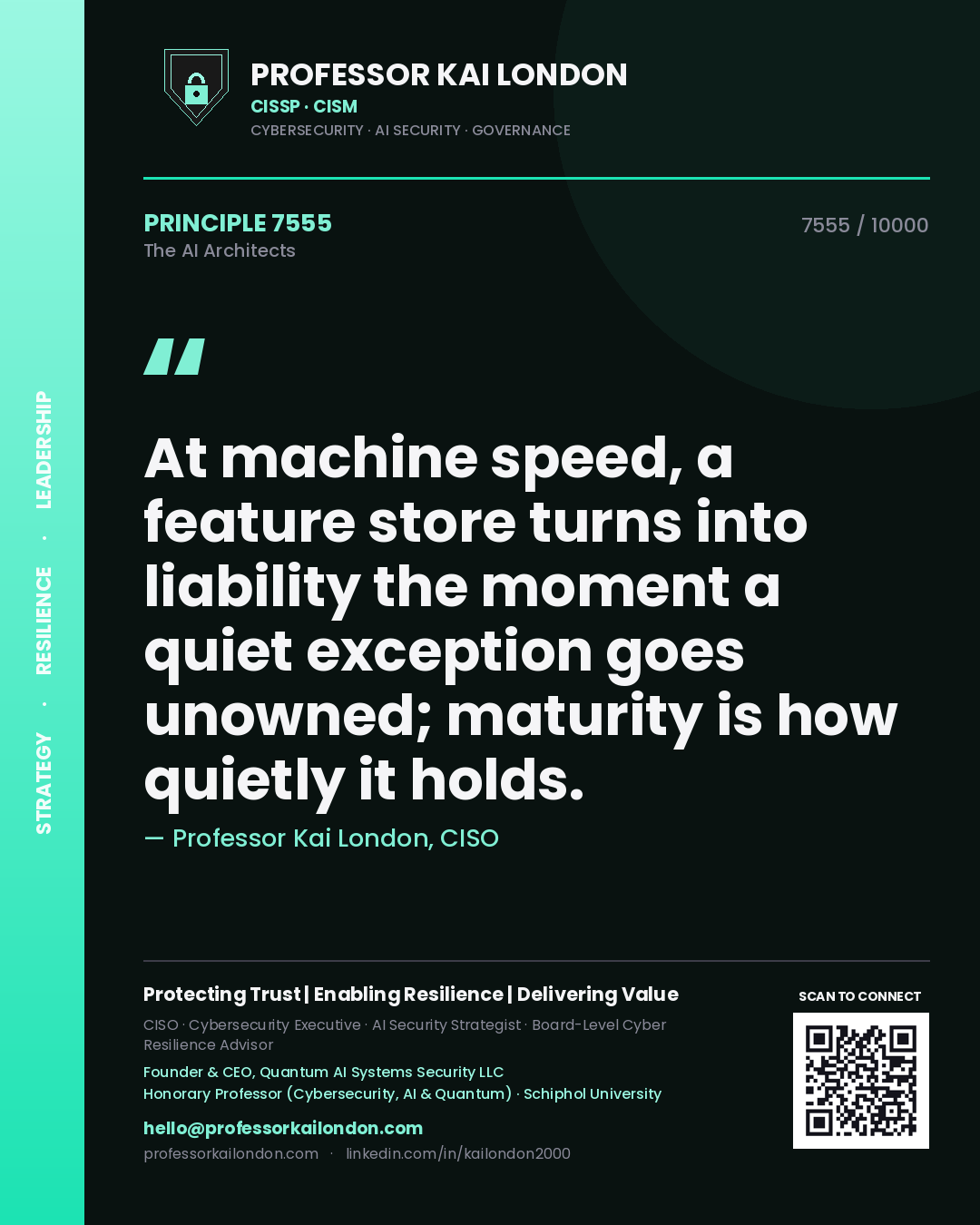 Quote card by Professor Kai London reading 'At machine speed, a feature store turns into liability the moment a quiet exception goes unowned; maturity is how quietly it holds.'. From the book The AI Architects.