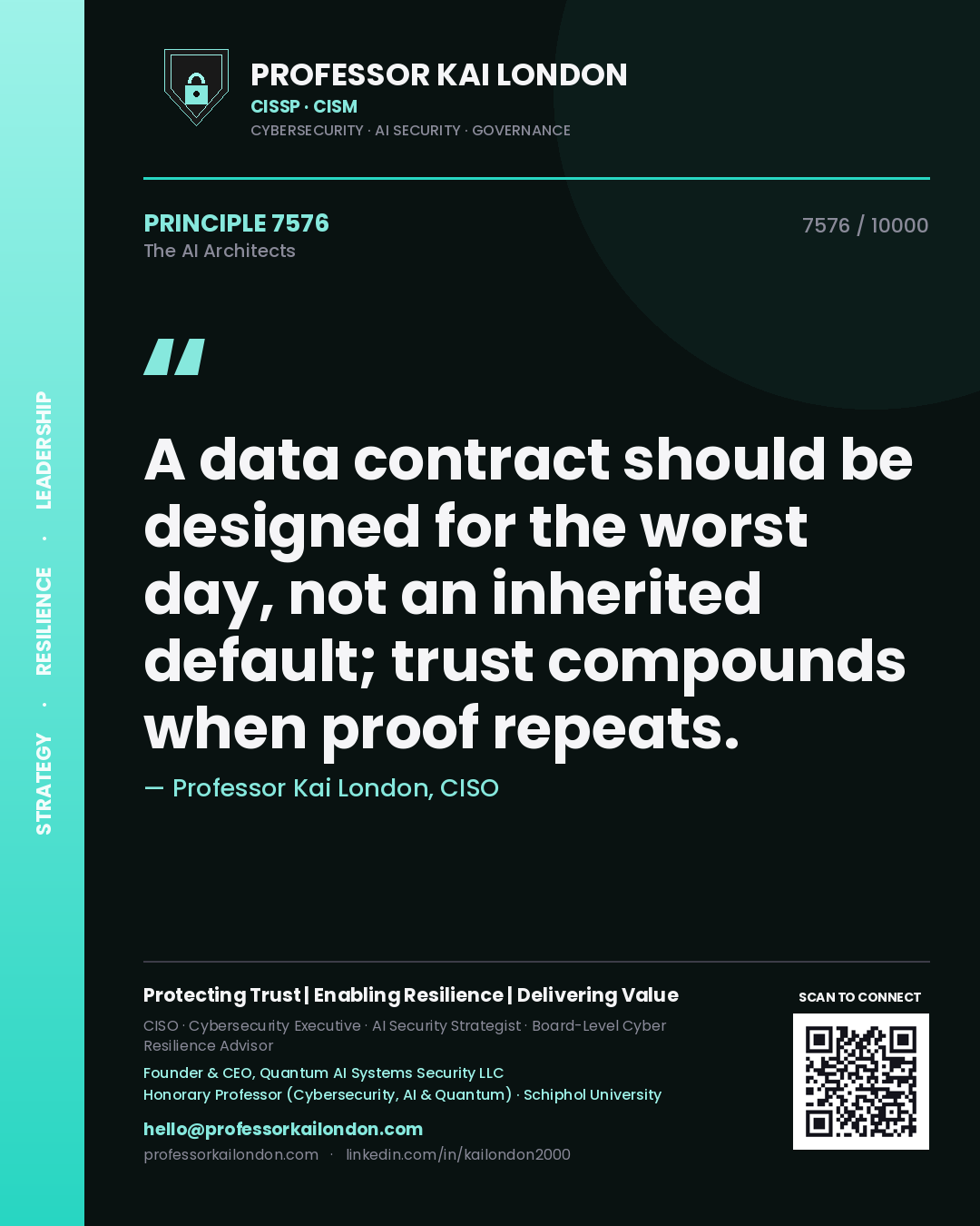 Professor Kai London principle 7576: A data contract should be designed for the worst day, not an inherited default; trust compounds when proof repeats.