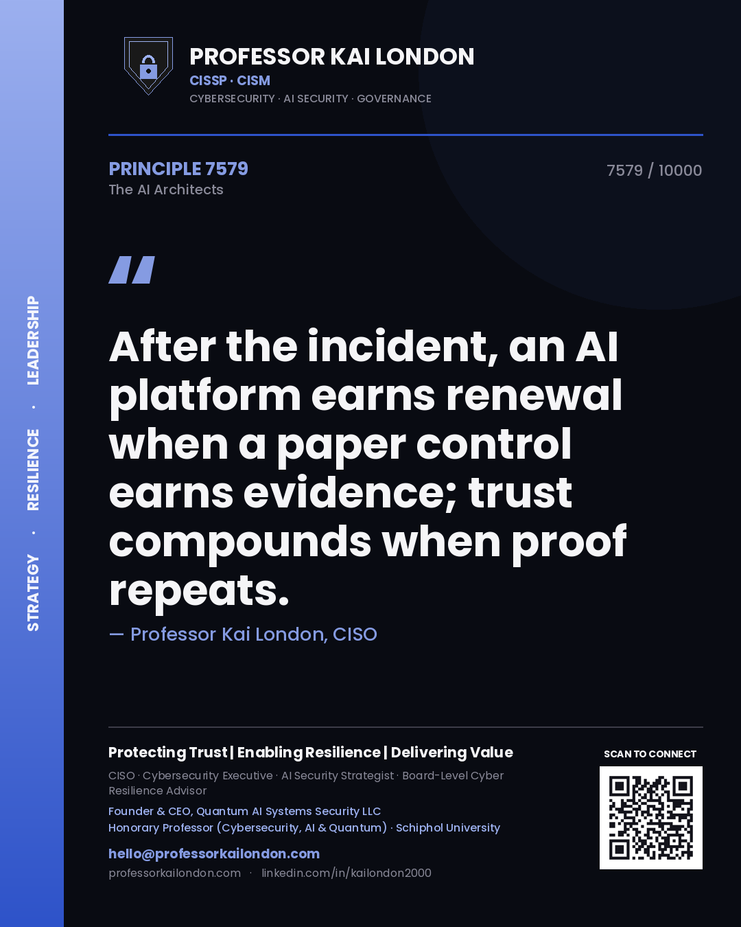 Quote card by Professor Kai London reading 'After the incident, an AI platform earns renewal when a paper control earns evidence; trust compounds when proof repeats.'. From the book The AI Architects.