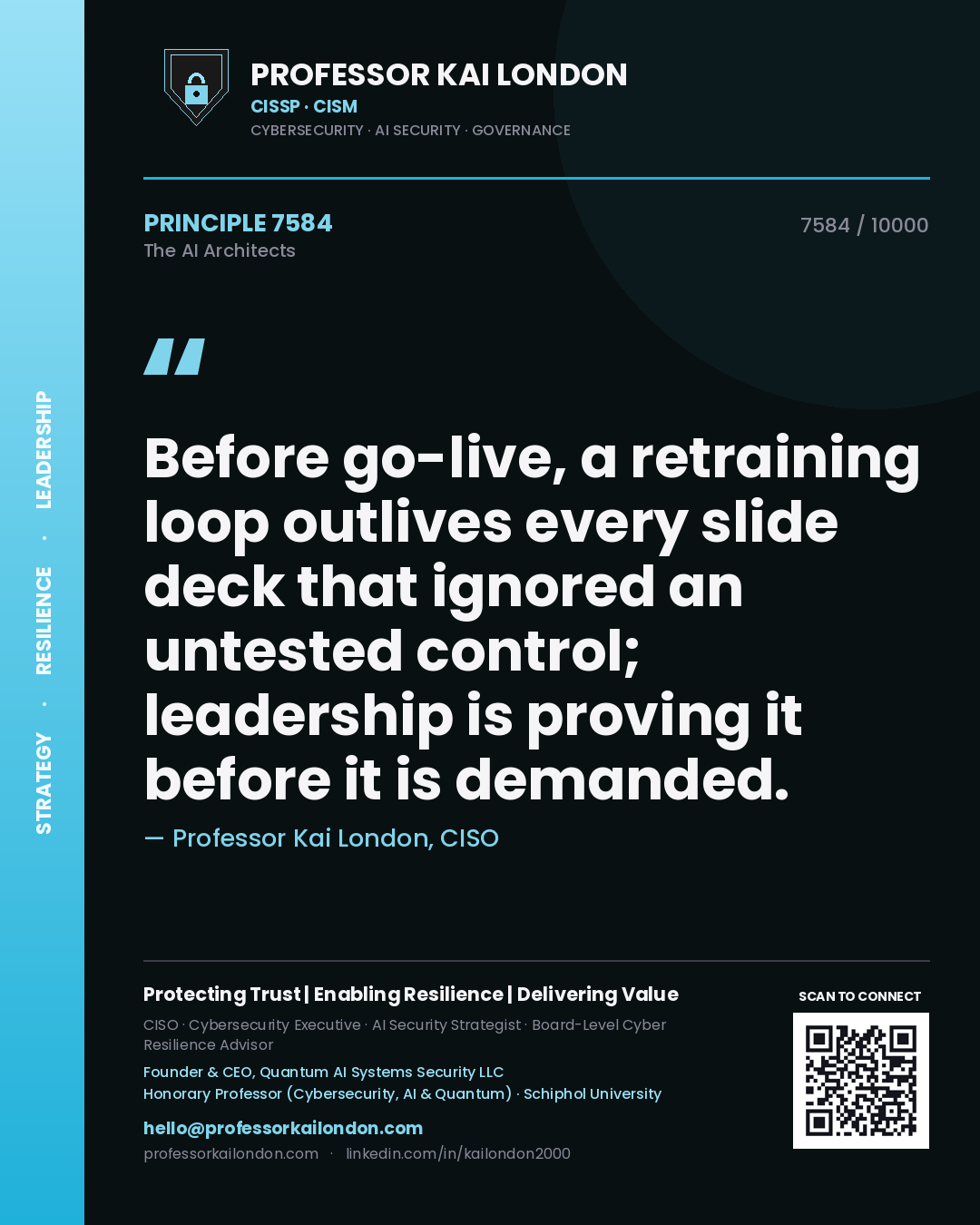 Quote card by Professor Kai London reading 'Before go-live, a retraining loop outlives every slide deck that ignored an untested control; leadership is proving it before it is demanded.'. From the book The AI Architects.