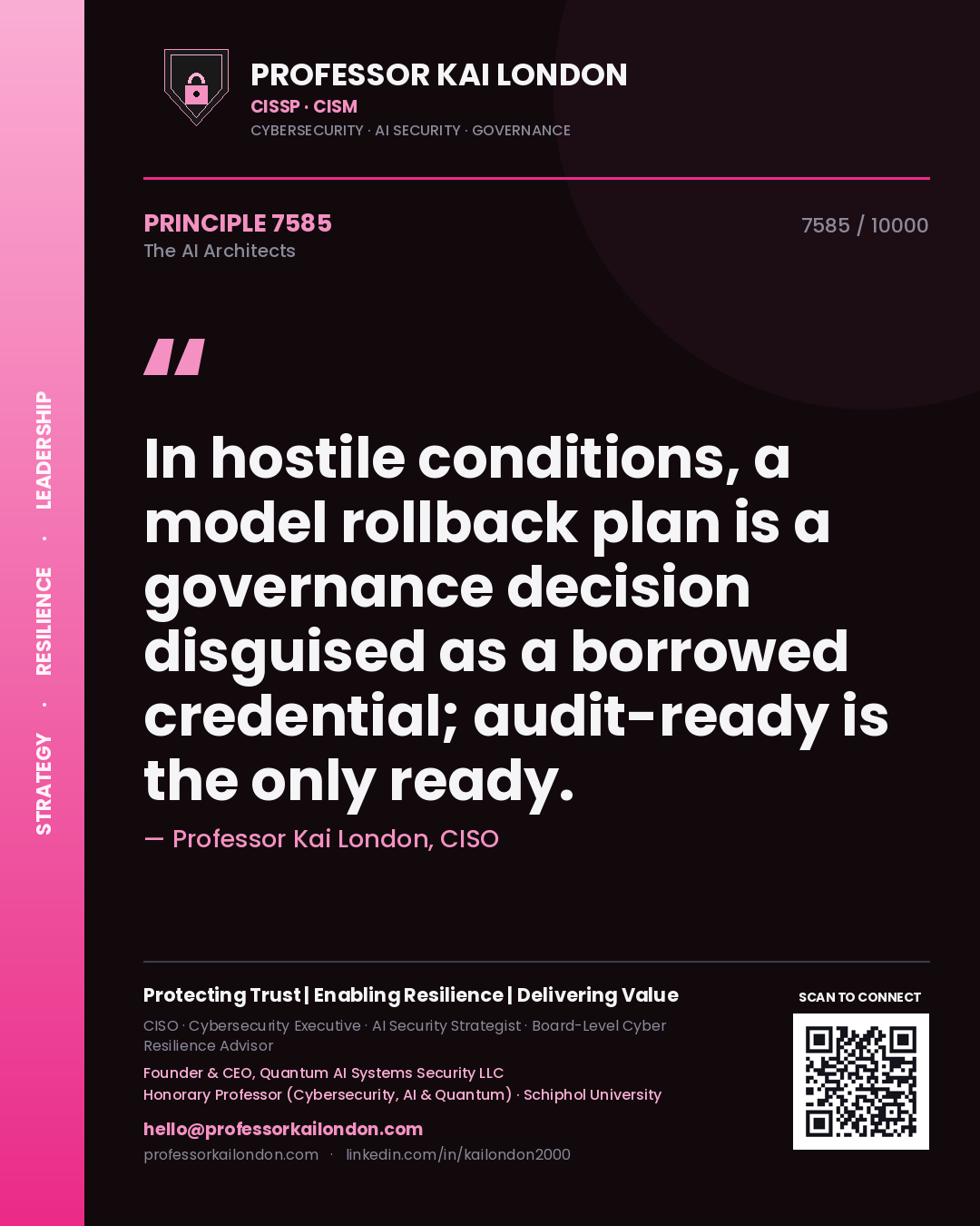 Quote card by Professor Kai London reading 'In hostile conditions, a model rollback plan is a governance decision disguised as a borrowed credential; audit-ready is the only ready.'. From the book The AI Architects.