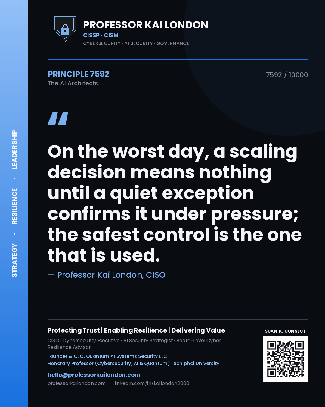 Quote card by Professor Kai London reading 'On the worst day, a scaling decision means nothing until a quiet exception confirms it under pressure; the safest control is the one that is used.'. From the book The AI Architects.