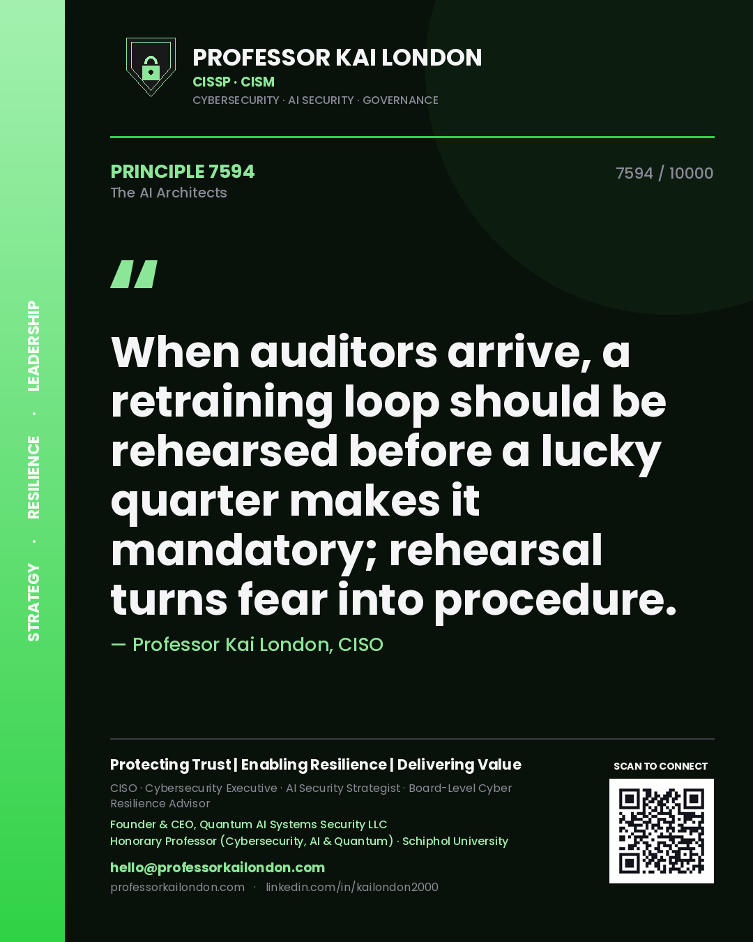 Professor Kai London principle 7594: When auditors arrive, a retraining loop should be rehearsed before a lucky quarter makes it mandatory; rehearsal turns fear into procedure.