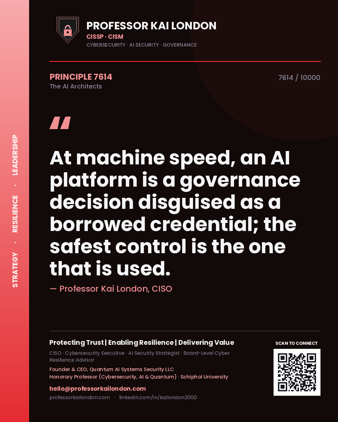 Quote card by Professor Kai London reading 'At machine speed, an AI platform is a governance decision disguised as a borrowed credential; the safest control is the one that is used.'. From the book The AI Architects.