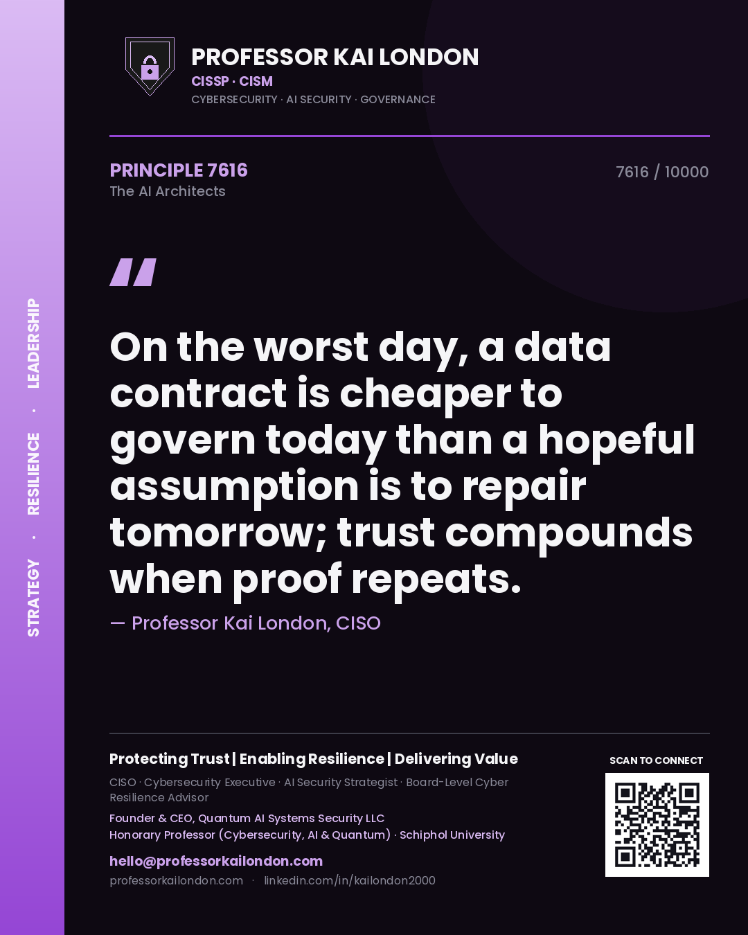 Quote card by Professor Kai London reading 'On the worst day, a data contract is cheaper to govern today than a hopeful assumption is to repair tomorrow; trust compounds when proof repeats.'. From the book The AI Architects.