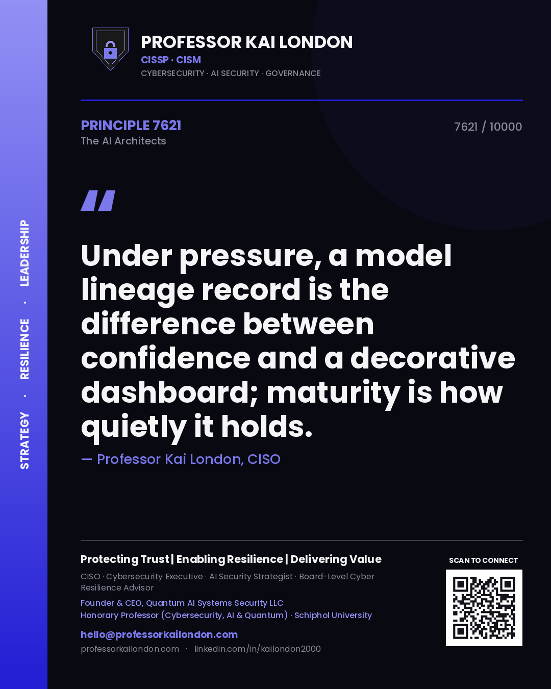 Quote card by Professor Kai London reading 'Under pressure, a model lineage record is the difference between confidence and a decorative dashboard; maturity is how quietly it holds.'. From the book The AI Architects.