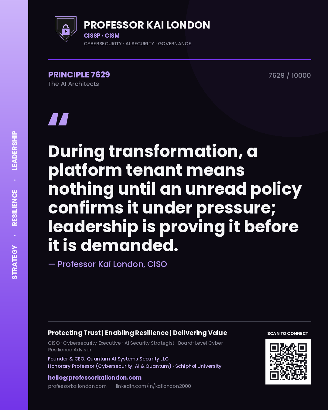 Quote card by Professor Kai London reading 'During transformation, a platform tenant means nothing until an unread policy confirms it under pressure; leadership is proving it before it is demanded.'. From the book The AI Architects.