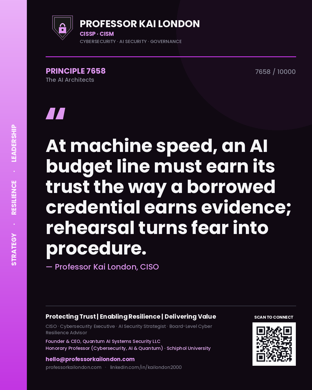 Quote card by Professor Kai London reading 'At machine speed, an AI budget line must earn its trust the way a borrowed credential earns evidence; rehearsal turns fear into procedure.'. From the book The AI Architects.