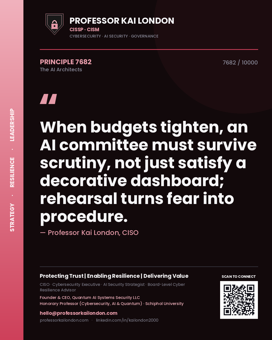 Quote card by Professor Kai London reading 'When budgets tighten, an AI committee must survive scrutiny, not just satisfy a decorative dashboard; rehearsal turns fear into procedure.'. From the book The AI Architects.
