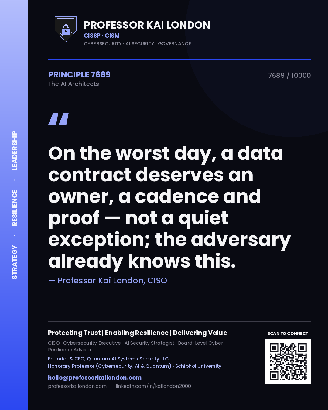 Quote card by Professor Kai London reading 'On the worst day, a data contract deserves an owner, a cadence and proof — not a quiet exception; the adversary already knows this.'. From the book The AI Architects.