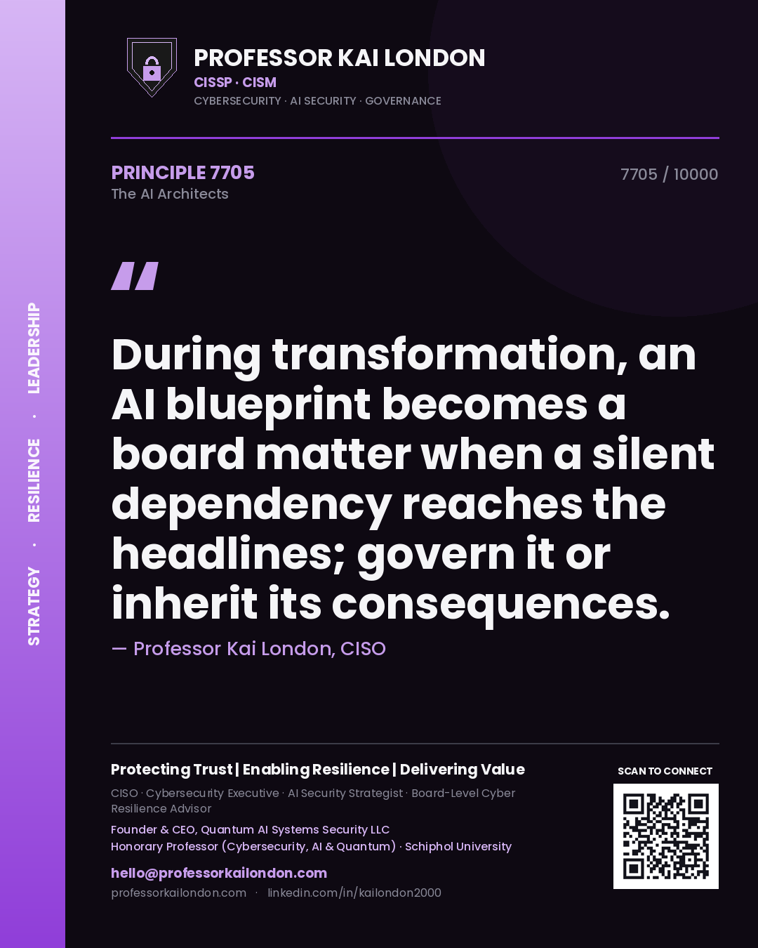 Quote card by Professor Kai London reading 'During transformation, an AI blueprint becomes a board matter when a silent dependency reaches the headlines; govern it or inherit its consequences.'. From the book The AI Architects.