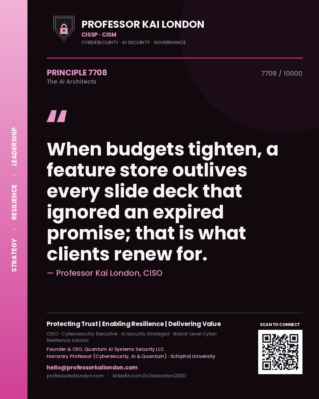 Quote card by Professor Kai London reading 'When budgets tighten, a feature store outlives every slide deck that ignored an expired promise; that is what clients renew for.'. From the book The AI Architects.