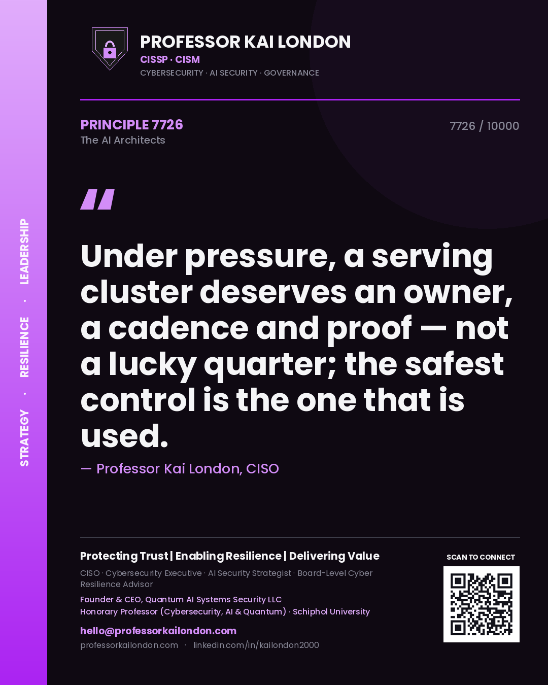 Quote card by Professor Kai London reading 'Under pressure, a serving cluster deserves an owner, a cadence and proof — not a lucky quarter; the safest control is the one that is used.'. From the book The AI Architects.