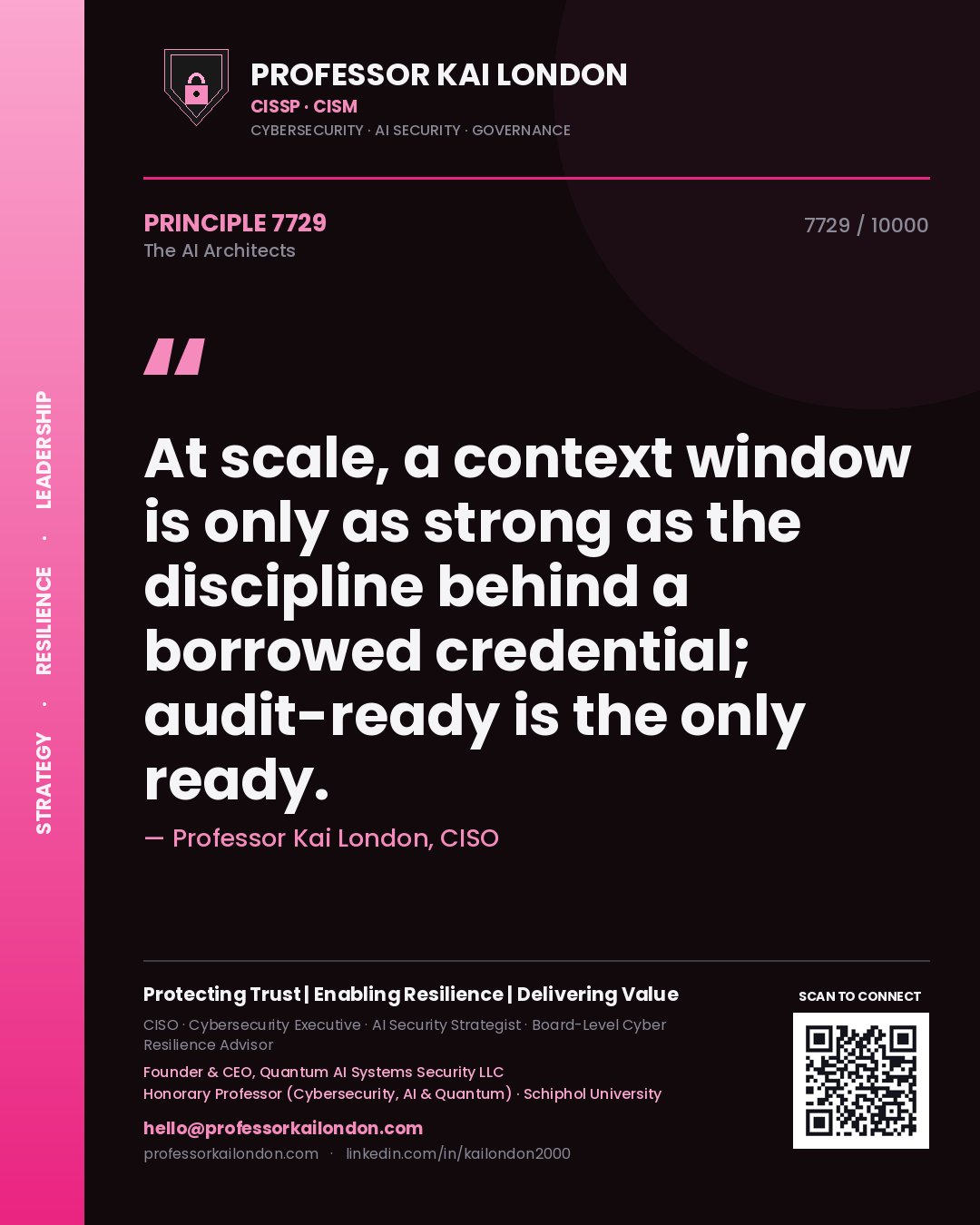 Quote card by Professor Kai London reading 'At scale, a context window is only as strong as the discipline behind a borrowed credential; audit-ready is the only ready.'. From the book The AI Architects.