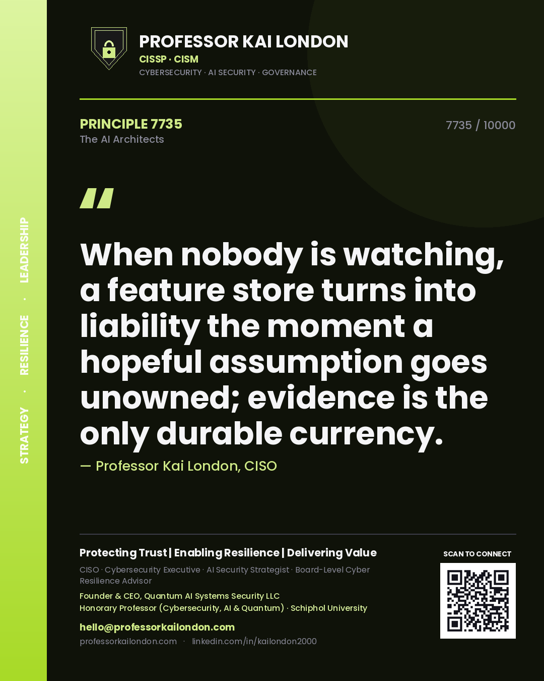 Quote card by Professor Kai London reading 'When nobody is watching, a feature store turns into liability the moment a hopeful assumption goes unowned; evidence is the only durable currency.'. From the book The AI Architects.