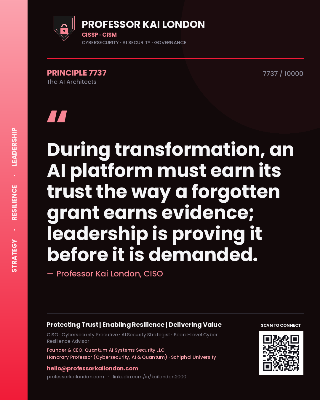 Quote card by Professor Kai London reading 'During transformation, an AI platform must earn its trust the way a forgotten grant earns evidence; leadership is proving it before it is demanded.'. From the book The AI Architects.