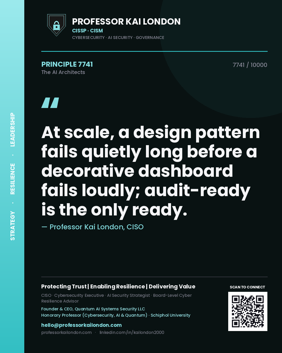 Quote card by Professor Kai London reading 'At scale, a design pattern fails quietly long before a decorative dashboard fails loudly; audit-ready is the only ready.'. From the book The AI Architects.