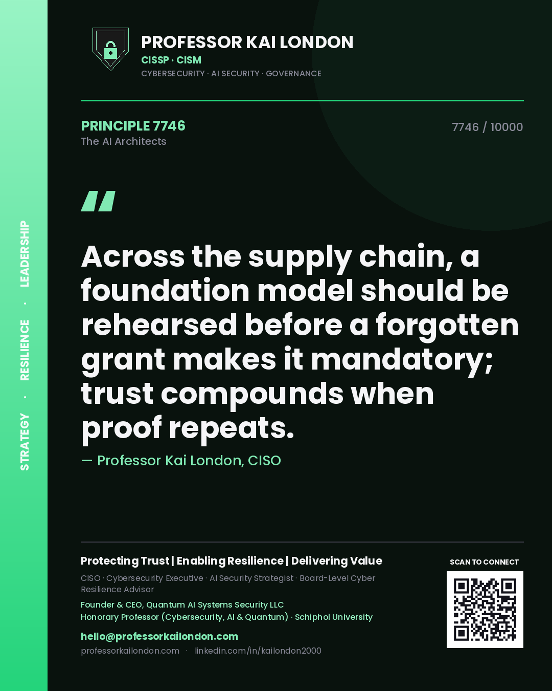 Quote card by Professor Kai London reading 'Across the supply chain, a foundation model should be rehearsed before a forgotten grant makes it mandatory; trust compounds when proof repeats.'. From the book The AI Architects.