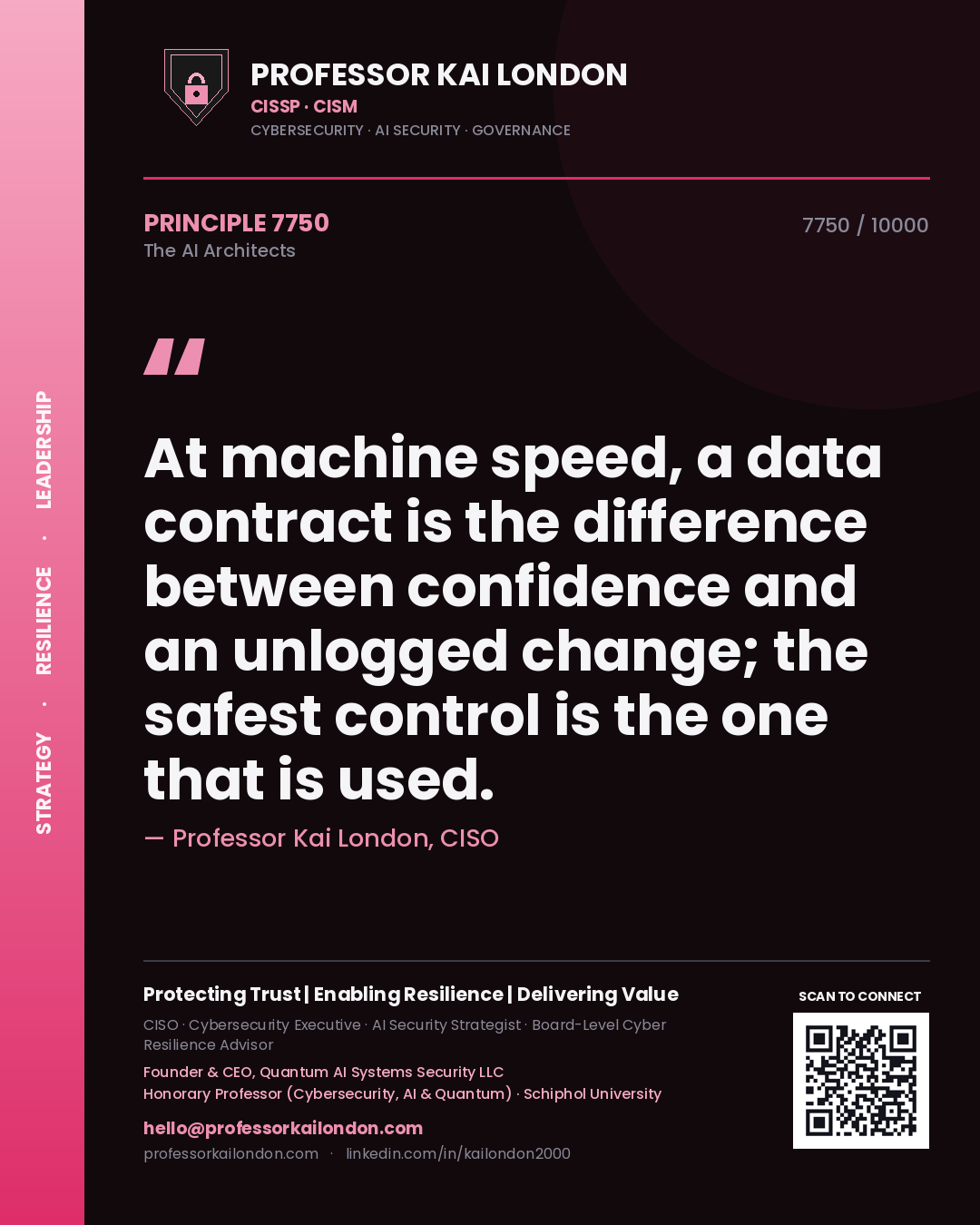 Quote card by Professor Kai London reading 'At machine speed, a data contract is the difference between confidence and an unlogged change; the safest control is the one that is used.'. From the book The AI Architects.