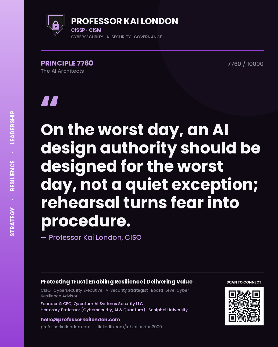 Quote card by Professor Kai London reading 'On the worst day, an AI design authority should be designed for the worst day, not a quiet exception; rehearsal turns fear into procedure.'. From the book The AI Architects.