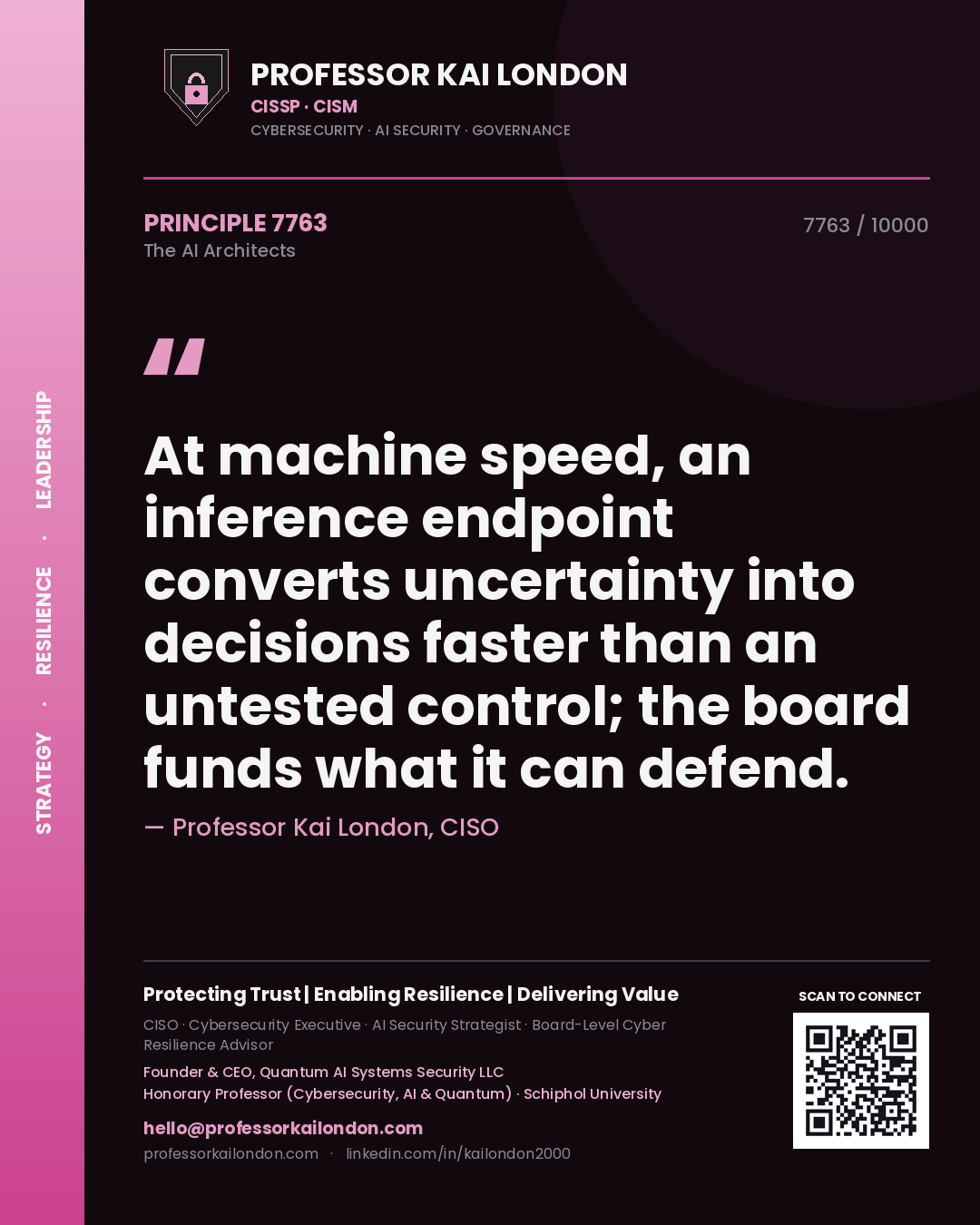Quote card by Professor Kai London reading 'At machine speed, an inference endpoint converts uncertainty into decisions faster than an untested control; the board funds what it can defend.'. From the book The AI Architects.