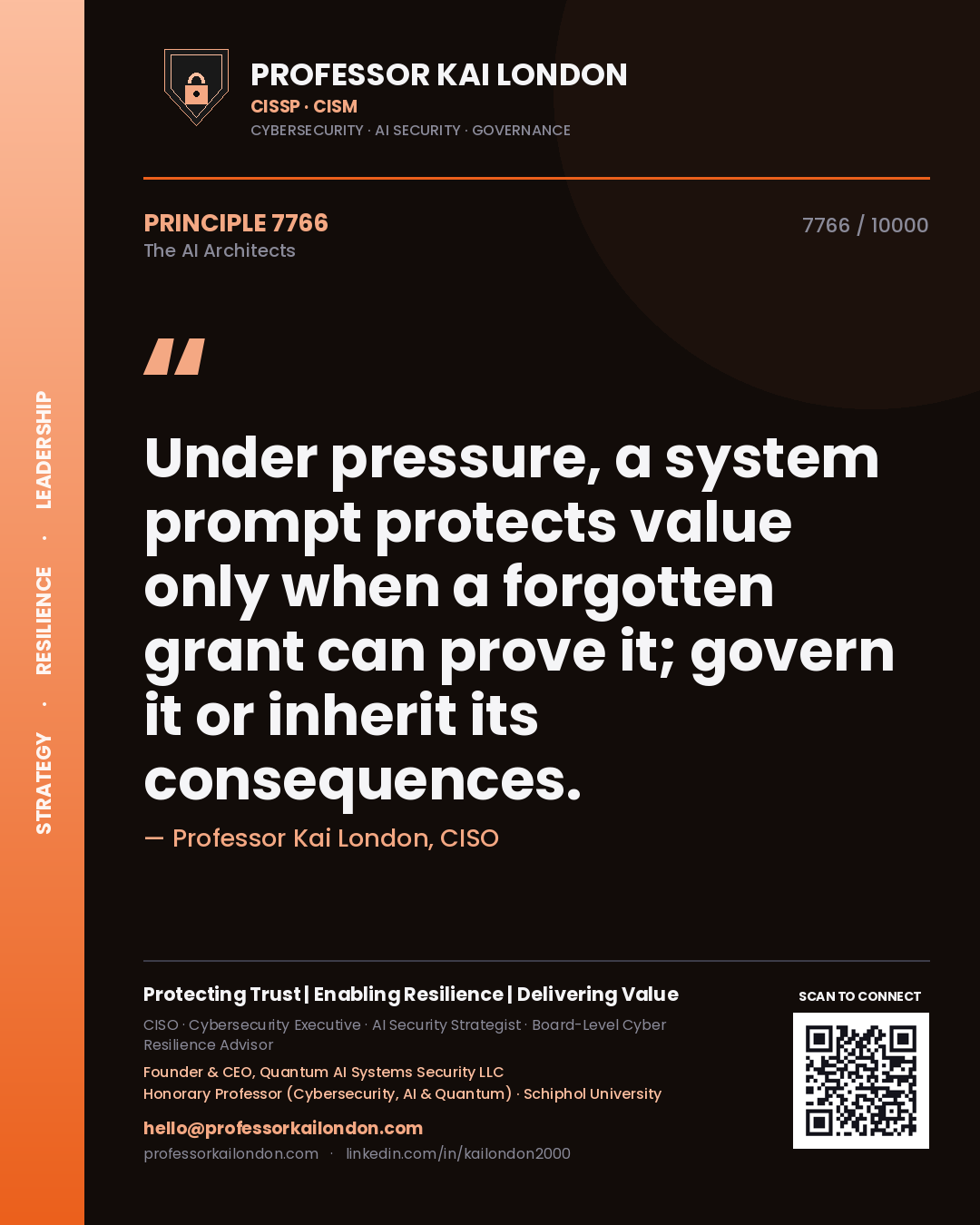 Quote card by Professor Kai London reading 'Under pressure, a system prompt protects value only when a forgotten grant can prove it; govern it or inherit its consequences.'. From the book The AI Architects.