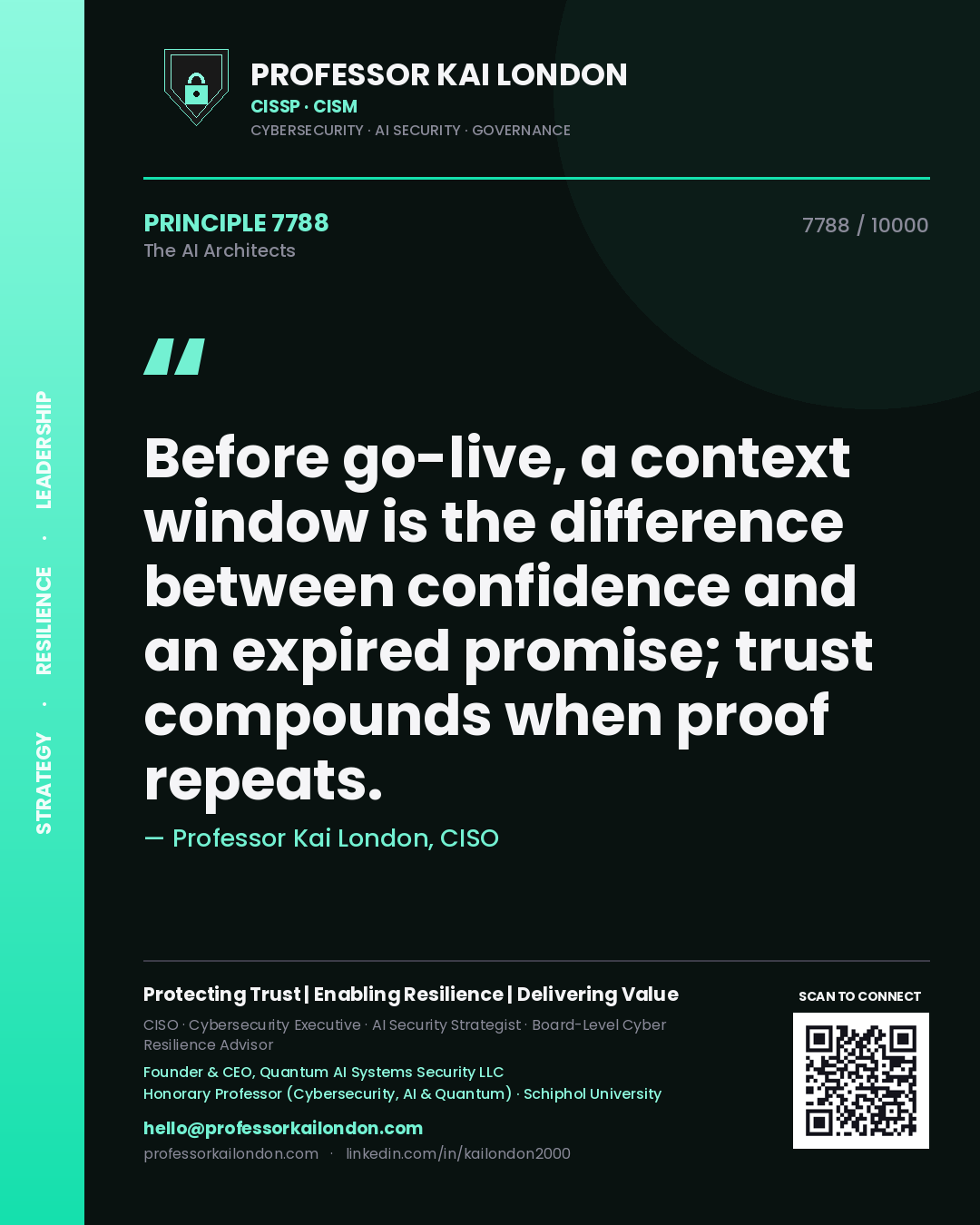 Quote card by Professor Kai London reading 'Before go-live, a context window is the difference between confidence and an expired promise; trust compounds when proof repeats.'. From the book The AI Architects.