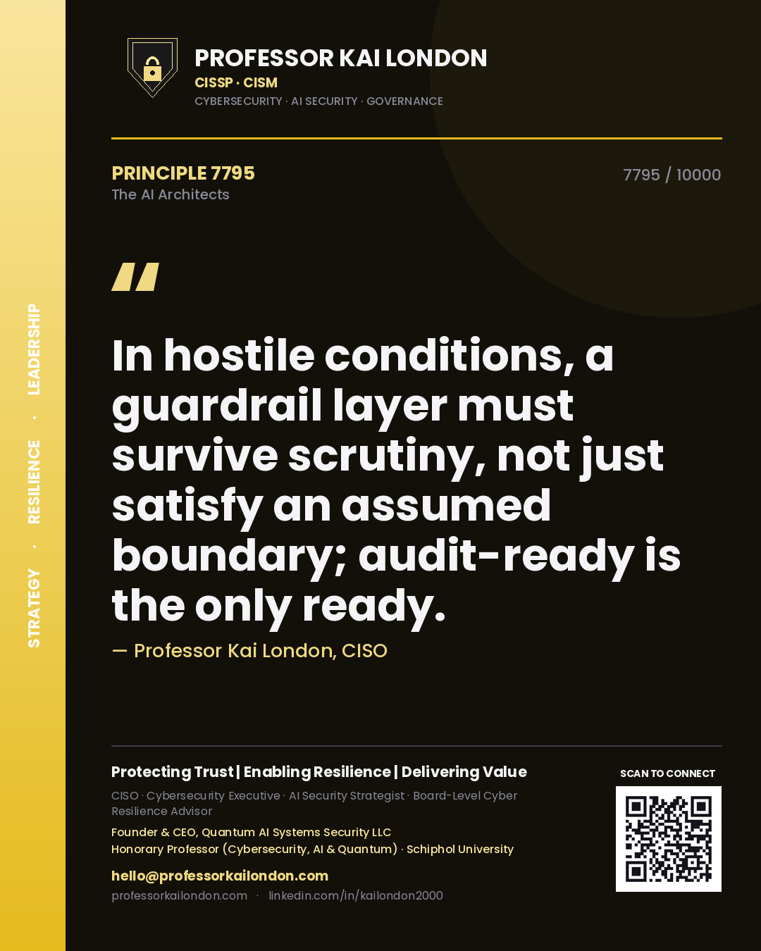 Professor Kai London principle 7795: In hostile conditions, a guardrail layer must survive scrutiny, not just satisfy an assumed boundary; audit-ready is the only ready.