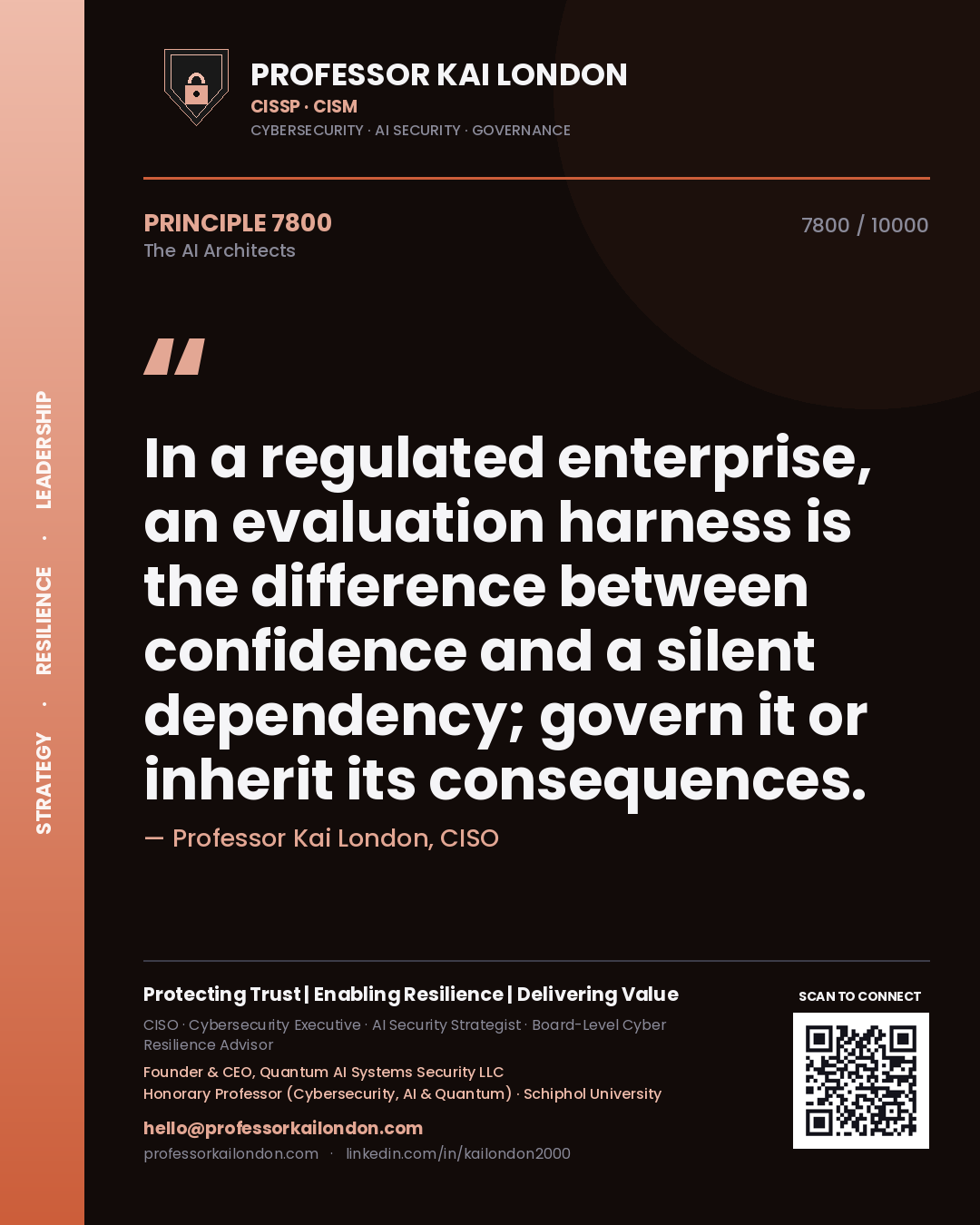 Quote card by Professor Kai London reading 'In a regulated enterprise, an evaluation harness is the difference between confidence and a silent dependency; govern it or inherit its consequences.'. From the book The AI Architects.