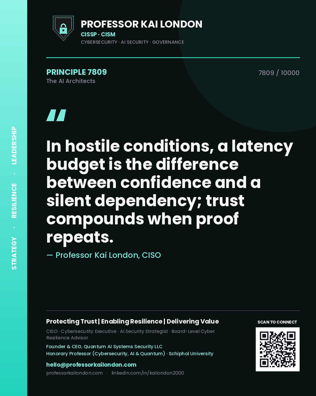 Quote card by Professor Kai London reading 'In hostile conditions, a latency budget is the difference between confidence and a silent dependency; trust compounds when proof repeats.'. From the book The AI Architects.