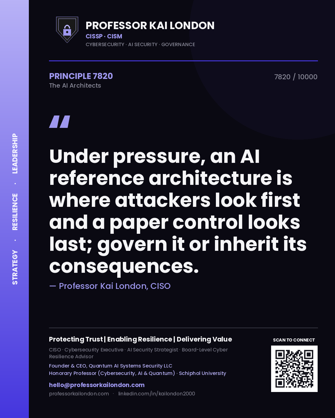 Quote card by Professor Kai London reading 'Under pressure, an AI reference architecture is where attackers look first and a paper control looks last; govern it or inherit its consequences.'. From the book The AI Architects.
