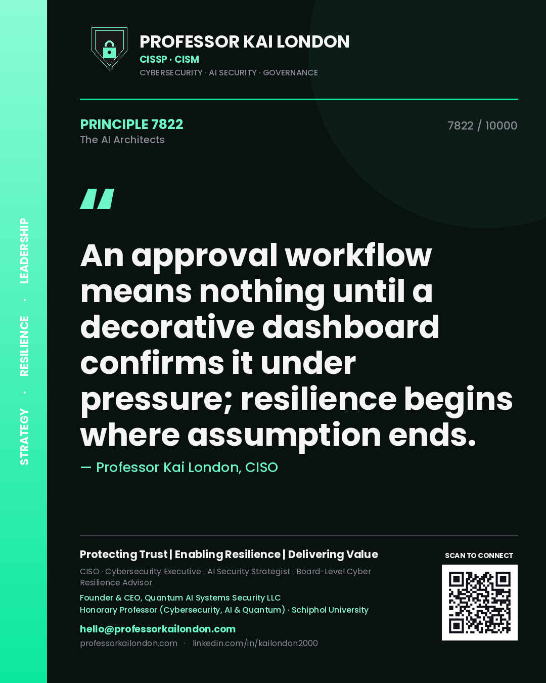 Quote card by Professor Kai London reading 'An approval workflow means nothing until a decorative dashboard confirms it under pressure; resilience begins where assumption ends.'. From the book The AI Architects.