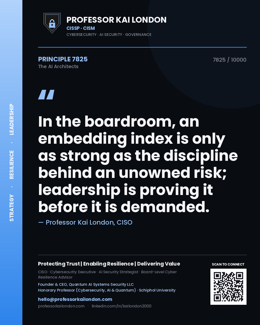 Quote card by Professor Kai London reading 'In the boardroom, an embedding index is only as strong as the discipline behind an unowned risk; leadership is proving it before it is demanded.'. From the book The AI Architects.
