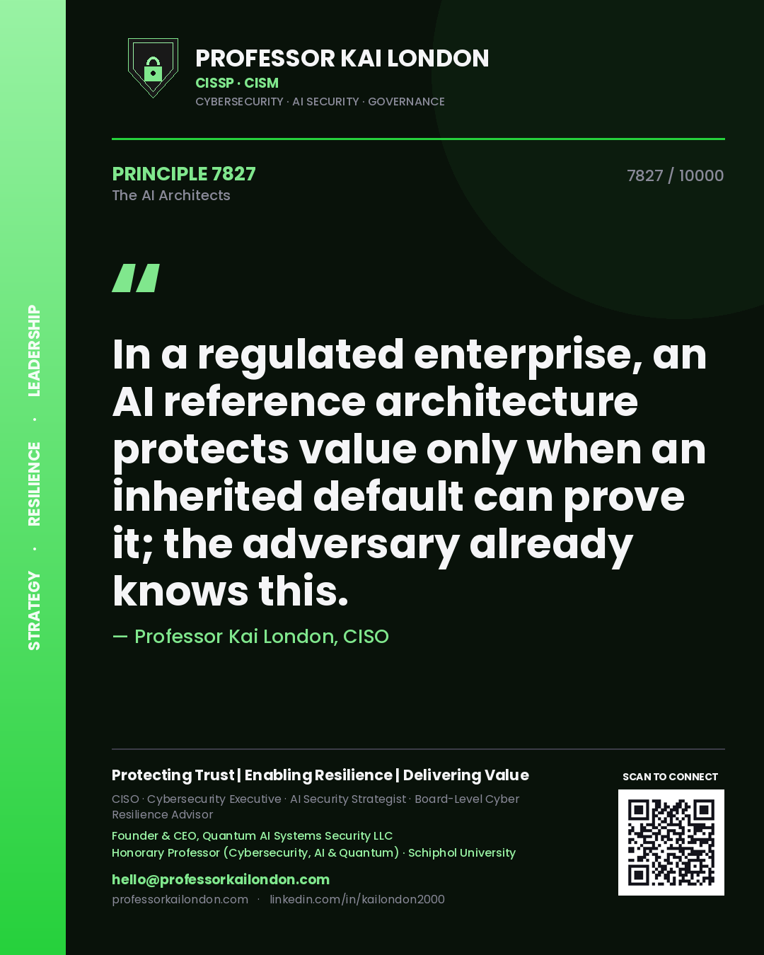 Professor Kai London principle 7827: In a regulated enterprise, an AI reference architecture protects value only when an inherited default can prove it; the adversary already knows this.