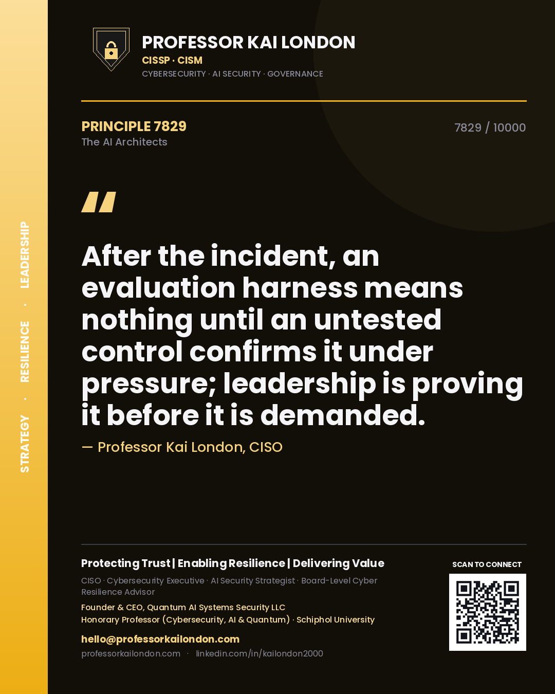 Professor Kai London principle 7829: After the incident, an evaluation harness means nothing until an untested control confirms it under pressure; leadership is proving it before it is demanded.