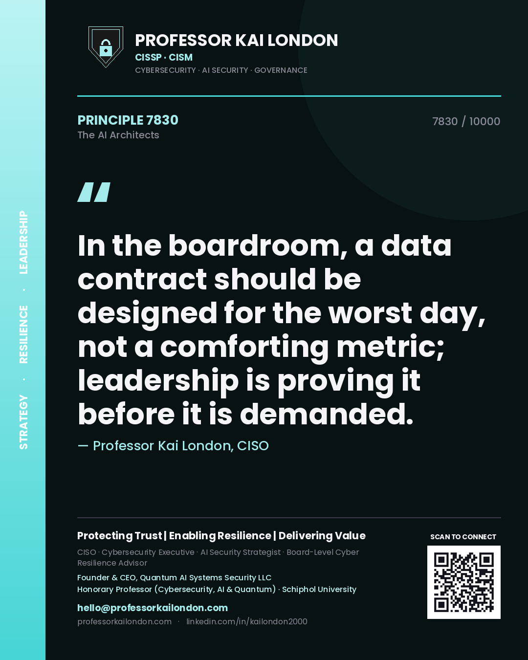 Quote card by Professor Kai London reading 'In the boardroom, a data contract should be designed for the worst day, not a comforting metric; leadership is proving it before it is demanded.'. From the book The AI Architects.