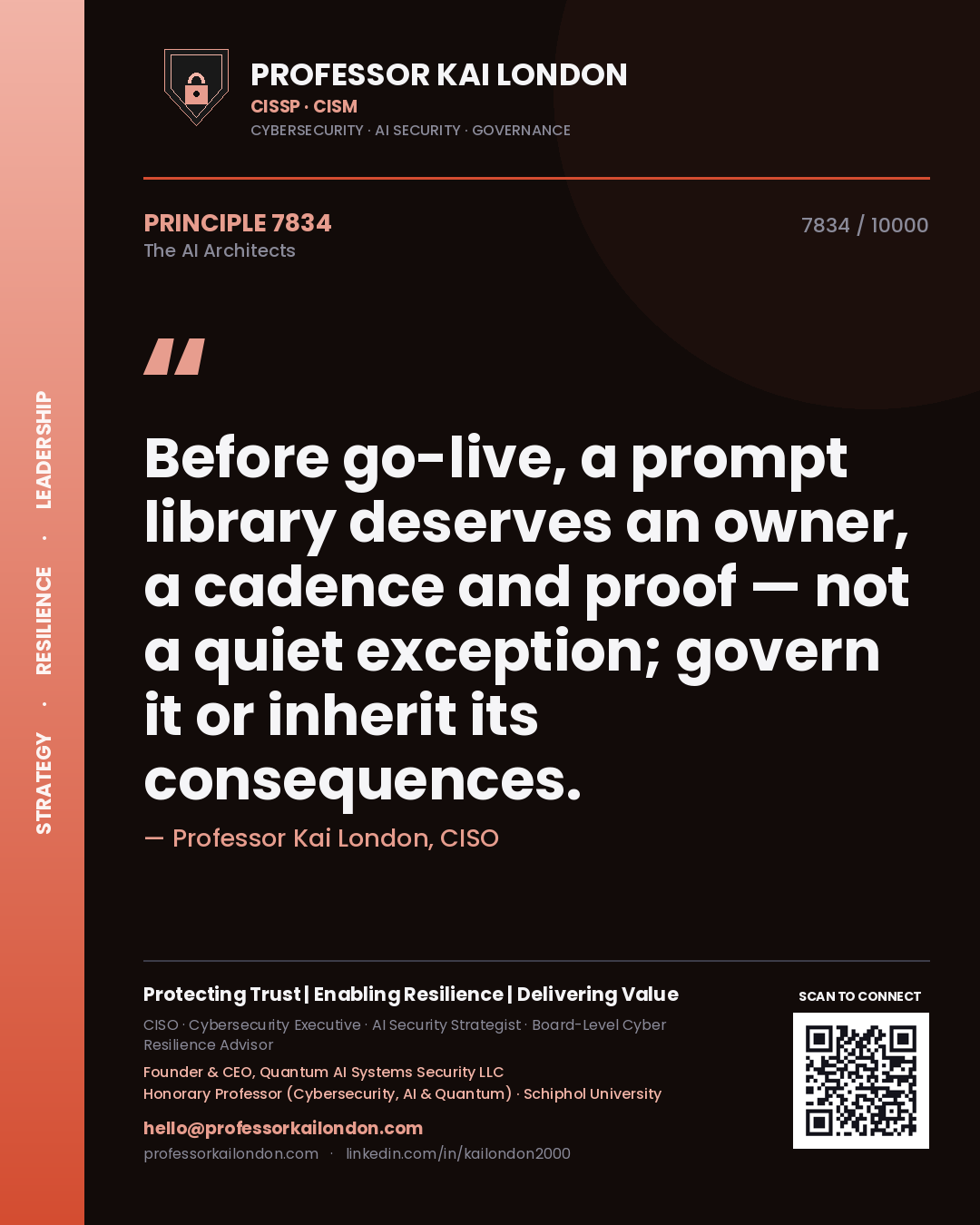 Quote card by Professor Kai London reading 'Before go-live, a prompt library deserves an owner, a cadence and proof — not a quiet exception; govern it or inherit its consequences.'. From the book The AI Architects.