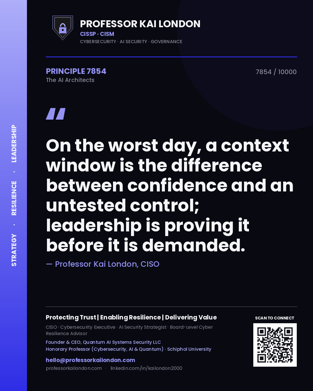 Quote card by Professor Kai London reading 'On the worst day, a context window is the difference between confidence and an untested control; leadership is proving it before it is demanded.'. From the book The AI Architects.