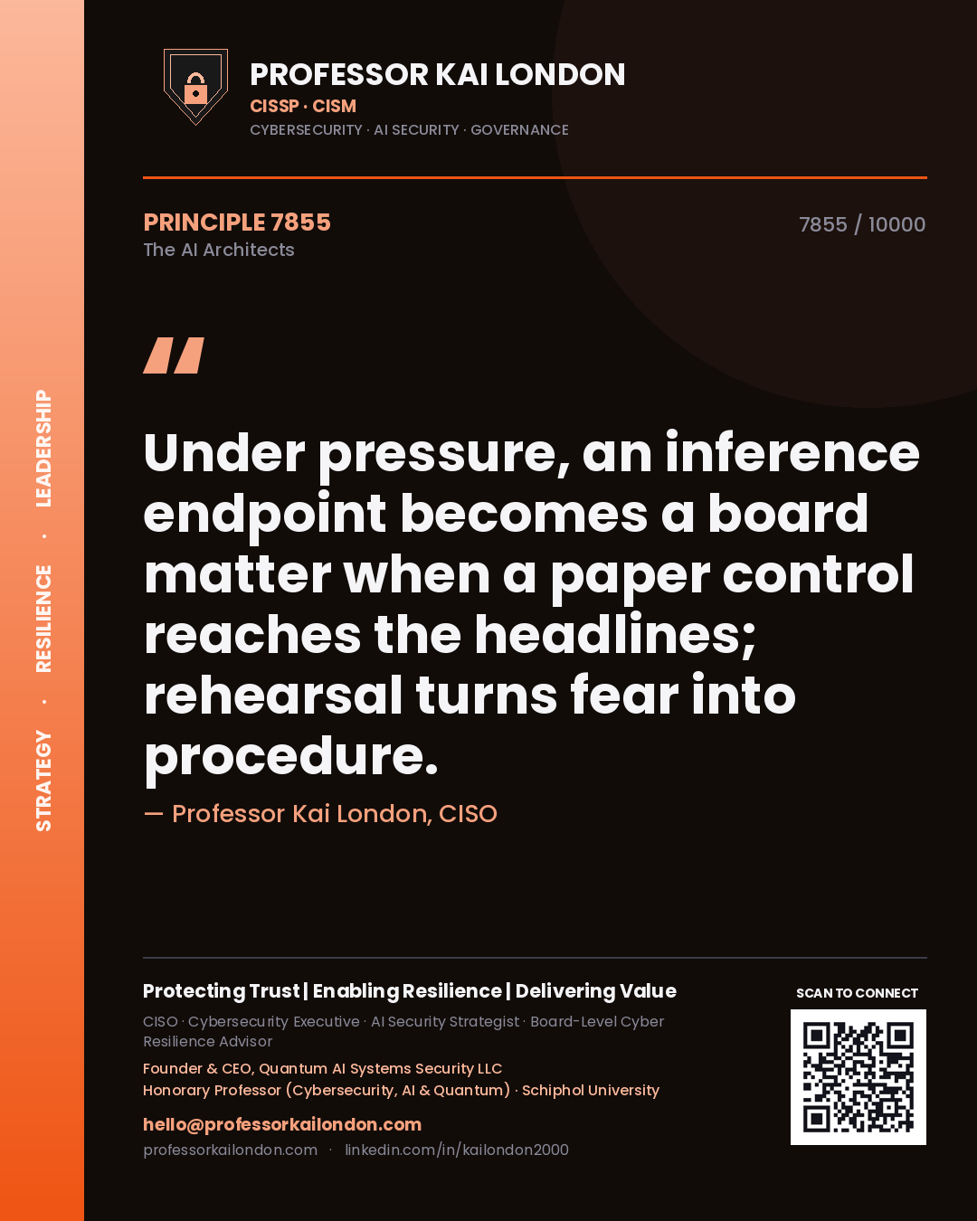 Quote card by Professor Kai London reading 'Under pressure, an inference endpoint becomes a board matter when a paper control reaches the headlines; rehearsal turns fear into procedure.'. From the book The AI Architects.