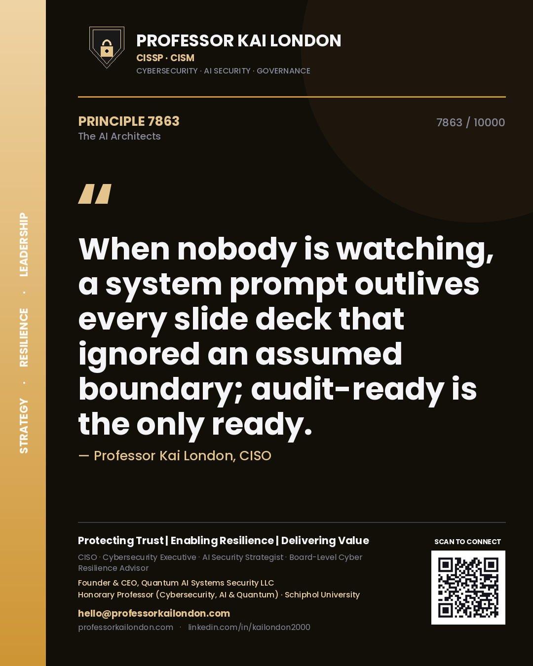 Quote card by Professor Kai London reading 'When nobody is watching, a system prompt outlives every slide deck that ignored an assumed boundary; audit-ready is the only ready.'. From the book The AI Architects.