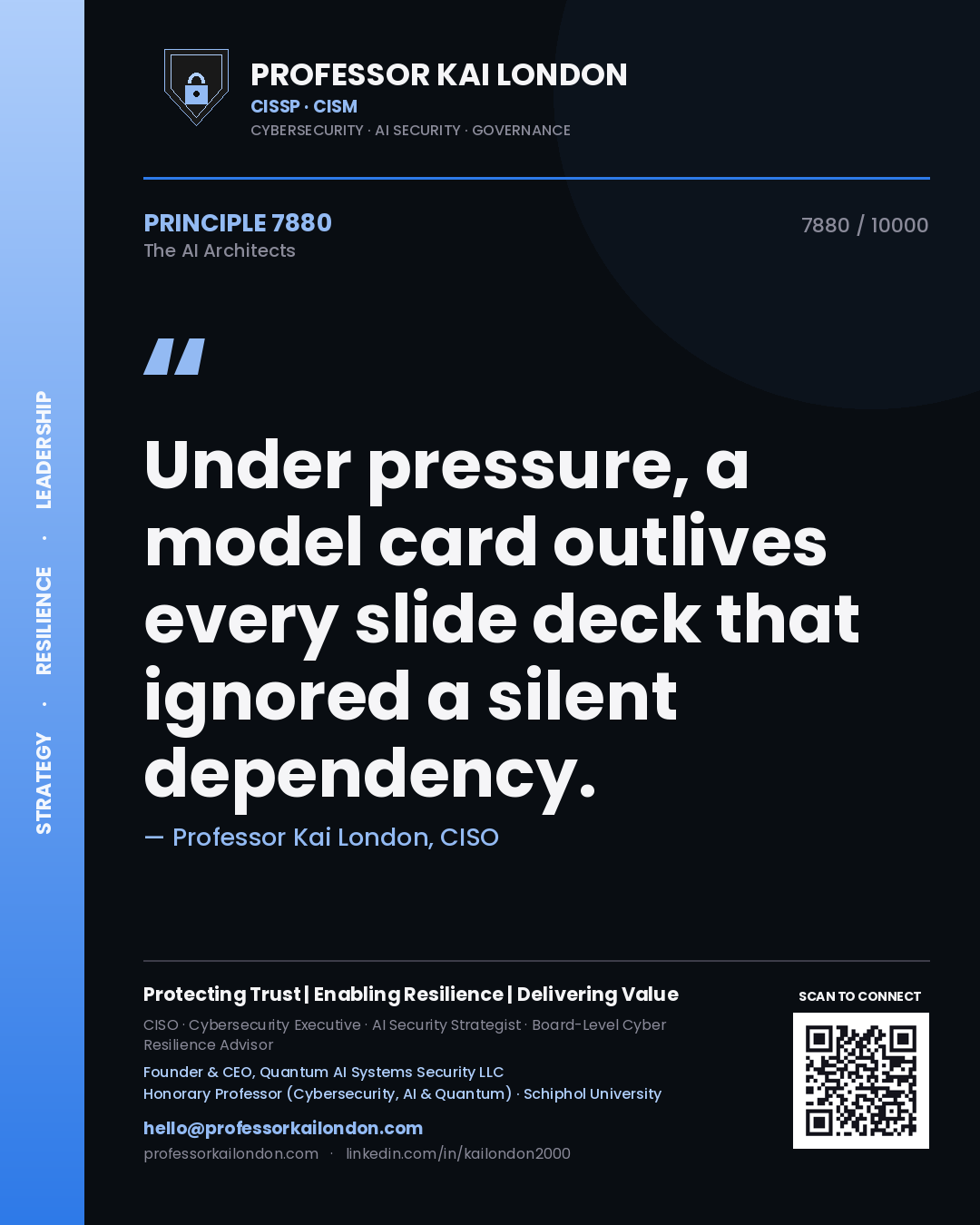 Quote card by Professor Kai London reading 'Under pressure, a model card outlives every slide deck that ignored a silent dependency.'. From the book The AI Architects.