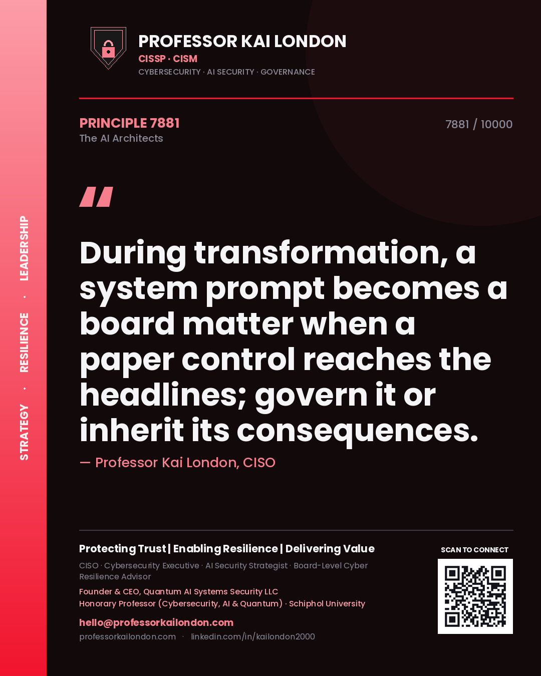 Quote card by Professor Kai London reading 'During transformation, a system prompt becomes a board matter when a paper control reaches the headlines; govern it or inherit its consequences.'. From the book The AI Architects.