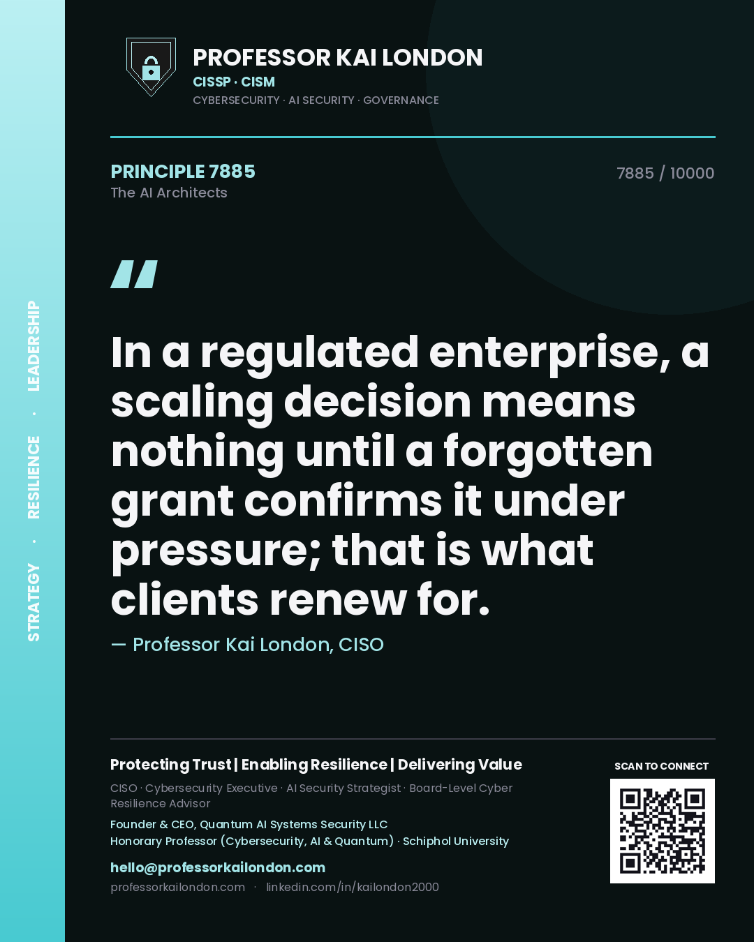 Quote card by Professor Kai London reading 'In a regulated enterprise, a scaling decision means nothing until a forgotten grant confirms it under pressure; that is what clients renew for.'. From the book The AI Architects.